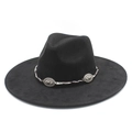 Klassischer schwarzer Fedora-Hut mit breiter Krempe und silbernen Western-Verzierungen - M (56-59cm) / Schwarz Wildleder