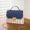 Navy blue PU leather and beige checkered flap bag with golden chain and lock closure - Blue
