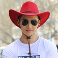 Classic bright red wide brim cowboy hat featuring dark brown braided decorative rope cord - Suede Pressed Red