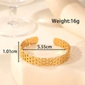 Gold stainless steel open bangle featuring geometric cutouts with size and weight specs - YB-003/Brick Chain Texture