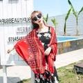 Ethnic style red beach shawl with geometric prints and fringe detail for sun protection - Red Border / 90*180