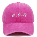 Detailed view of white triathlon embroidery on a rose pink washed cotton baseball cap - Adjustable / Rose Red