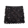 Close-up of black sequin mini skirt showing shimmering texture and detailed stitching - XS / Black