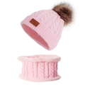 Pink winter cable knit hat and scarf set for toddlers with faux fur pom and leather label - Set / Pink