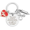 Medical theme stainless steel keychain with stethoscope syringe and heart charms - May you be proud Round Tag Style (005)