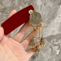 Vintage gold metal earrings featuring a round relief and four fringe bell pendants - Red Velvet Gold Tassel BB Clip