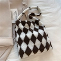 Brown and white diamond pattern plush tote bag with matching shoulder strap for women - Rhombus Coffee