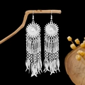 Silver bohemian tassel earrings with floral stud and delicate fish-shaped pendants - Sunflower Fish Style E2194-1
