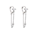 Macro detail of silver tassel earrings featuring rectangular zircon and polished bead charms - Silver Chain