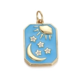 Detailed view of gold sun moon star enamel pendant with small rhinestones and link ring - YSN006-9 Rectangular Blue Enamel Sun Moon Star Pendant