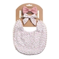 Pink floral cotton baby bib set with matching headbands on cardboard display - Pink Floral Pom-pom Edge (12)