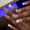 French tip press-on nails with 3D floral accents and rhinestones for glam look - Glue Type
