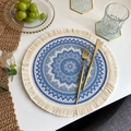 Blue and white mandala round placemat with fringe tassels on white table setting - Bohemian Style No.7 Placemat (Blue White Mandala)