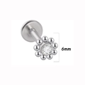 Silver flower lip stud earring with 6mm clear zircon crystal and small beads - Flower Shape Rhinestone Style (2 silver) / 1.2*8mm / Silver