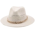 White woven fedora straw hat with decorative gold chain link band for summer - M (56-58cm) / 01 White