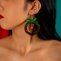 Macro detail of Christmas wreath earrings with velvet green bow and a tiny red bell charm - Red Green Gold Tinsel Wreath