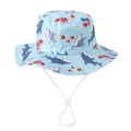 Detailed view of the kids sun hat with ocean prints and an adjustable chin strap - 52cm (2-5 Years) / Blue Shark