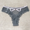 Grey lace mesh thong for women with a rose gold heart charm and sheer side straps - M / Gray