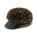 Detail of leopard print faux fur newsboy cap with black leather brim and gold metal button - M (56-58cm) / Classic Leopard with Metal Button (D)