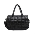 Black quilted puffer handbag with top handles and adjustable shoulder strap in nylon style - Black