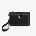 Black leather coin purse with white contrast stitching, wrist strap and silver hardware - Black (Lychee Grain)