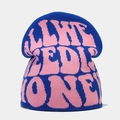 Detail of blue knitted beanie featuring pink jacquard lettering and ribbed texture - M (56-58cm) / Blue with Pink Letters