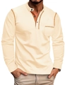 Herren Langarm Henley Shirt in Creme Beige mit Brusttasche und Knopfleiste am Kragen - S / Khaki