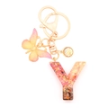 Resin letter Y keychain with pink butterfly charm and glitter sequins in gold finish - Letter Y