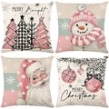 Set of four Christmas linen pillow covers with festive snowman and tree prints - TQYM60-37 Christmas Series E