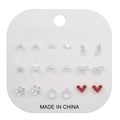 Detail view of 12 pairs of geometric stud earrings set on a white fashion jewelry card - Pearl Heart Feather Set(E0197-1)