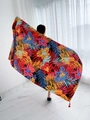 Ethnic summer beach wrap in black with tropical floral print and red tassels - Peacock Blue-Black Base Multicolor Tropical Floral Tassel / 180cm / Teal