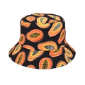 Close-up of vibrant papaya print pattern on black bucket hat fabric texture - Black