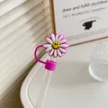 Pink daisy silicone straw cover with a smiley face for 10mm Stanley drinking straws - Purple Daisy / 10mm-Individual Package
