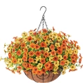 Close-up of hanging basket with artificial orange flowers, metal chain and coconut liner - Yellow Orange