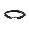 Detail of black woven cord bracelet featuring a polished silver shark anchor clasp - Dolphin / Navy Blue