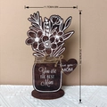 Detail view of wooden Mother's Day flower jar ornament with size markings in CM and inches - MZ804A / Brown