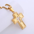 Gothic 18k gold plated stainless steel hollow cross pendant with vintage relief pattern - Gold (With Chain)