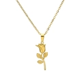 Polished gold rose flower pendant necklace in stainless steel with fine leaf detailing - H10061 Rose Flower Necklace Gold