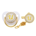 Detailed view of white baby pacifier and gold clip set with rhinestone letter U - Letter U