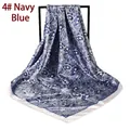 Detailed close-up of navy blue paisley pattern on large satin square head scarf - 90cm*90cm / Navy Blue