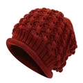 Deep red chunky knit winter hat with brim, warm outdoor skull cap for men and women - M (56-58cm) / Burgundy