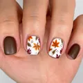 Short square press-on nails with autumn maple leaf patterns and solid dark brown color - Dark Brown Maple Print Style (CW767)