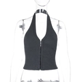 Detail of black knit halter top showing deep V-neck and front hook-and-eye closure - S / Dark Gray