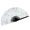 33cm reflective bamboo hand fan featuring holographic rainbow cat pattern for parties - Reflective White Fan - Cat