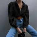 Women's black hollow embroidery cardigan blouse with puffy lantern sleeves and casual fit - S / Black