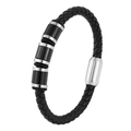 Pulsera para hombre de cuero trenzado negro con cierre magnético plateado y cuentas - 22cm / Color Acero
