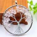 Silver life of tree pendant necklace with pink crystal stones and wire wrapping - Silver Scattered Root Clear Quartz