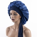 Dark blue satin sleep bonnet featuring wide elastic band and long ribbon ties - Extra Large / Navy Blue