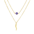 Double-layered gold necklace featuring a blue evil eye bead and Italian horn pendant - Double Layer / Gold Horn Evil Eye Double Layer Chain