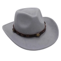 Detail of grey felt cowboy hat with brown leather belt and vintage metal studs - Light Grey (with Decorative Band)